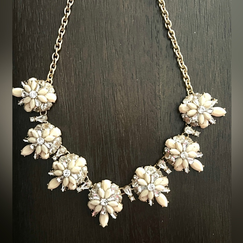 EUC J. Crew Gold Statement Necklace with Cream Floral & Rhinestone Design